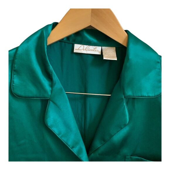 Delicates Pajama Set Womens LARGE Green Satin Long Sleeve Elastic Waist PJs - Picture 3 of 16